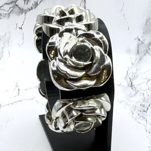 Silver Tone Chunky Dimensional Rose Floral Hinged Cuff Statement Bracelet